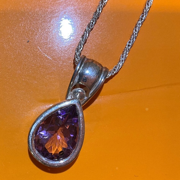 Large 1” Amethyst Teardrop Pendant Sterling Silver Necklace 16" Rope Chain - Picture 8 of 15